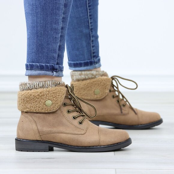 Sherpa Ankle Lined Combat Flat Heel Ankles Boots Tan Faux Leather - Picture 6 of 12